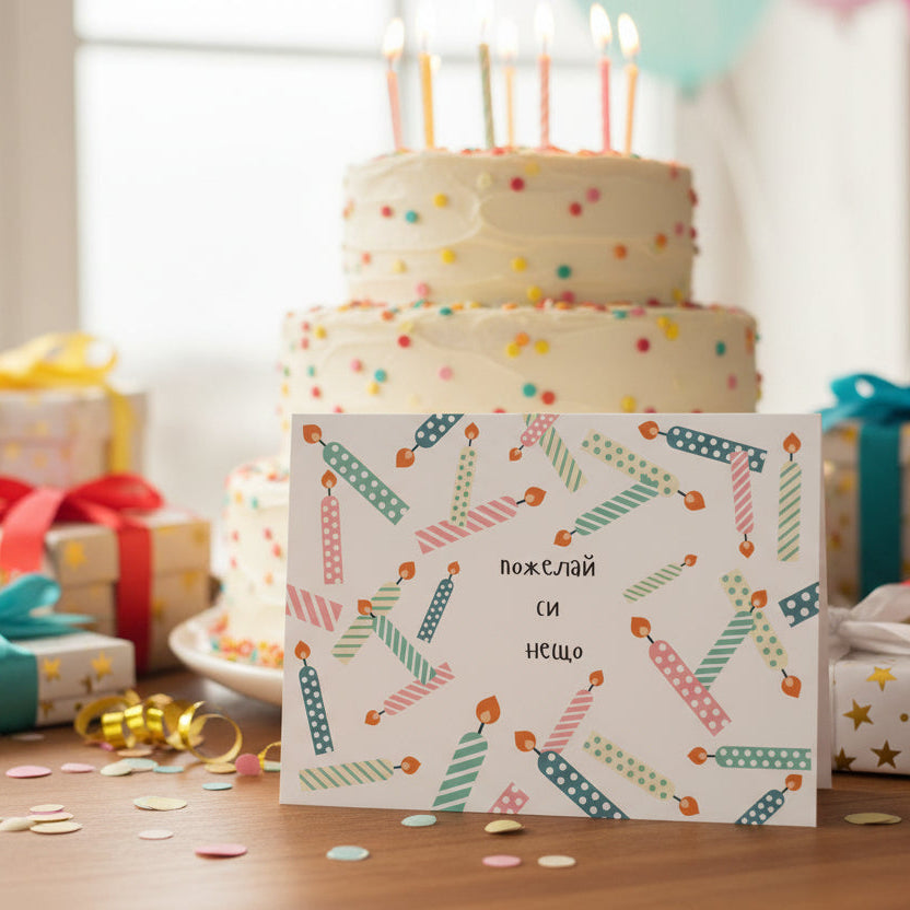 birthday card on a wooden table with birthday cake, gifts and confetti behind it